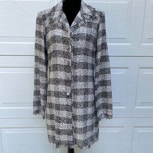 JOHANNE 100% Silk Bouclé Fringe Jacket Coat Black White Plaid M/L